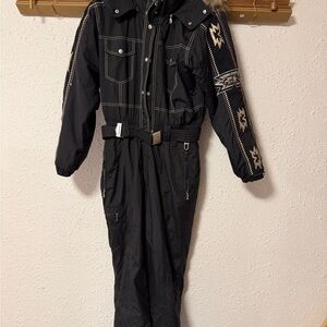 Vintage Bogner by Goan Thylmann Black Western Embroidered Ski Suit Fur Hood